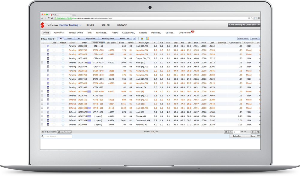 Cotton market trading screen